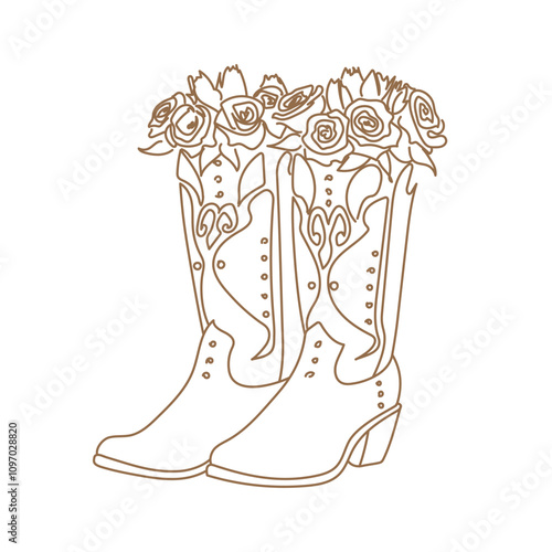 Cowboy boots with flowers roses vector illustration. Cowboy boots and floral decoration. Brown sketch isolated on white for design, greeting cards, print. Outline vector hand drawn.
