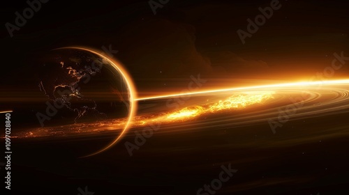 Dramatic depiction of a black hole consuming earth with glowing planet and s shaped accretion disk photo