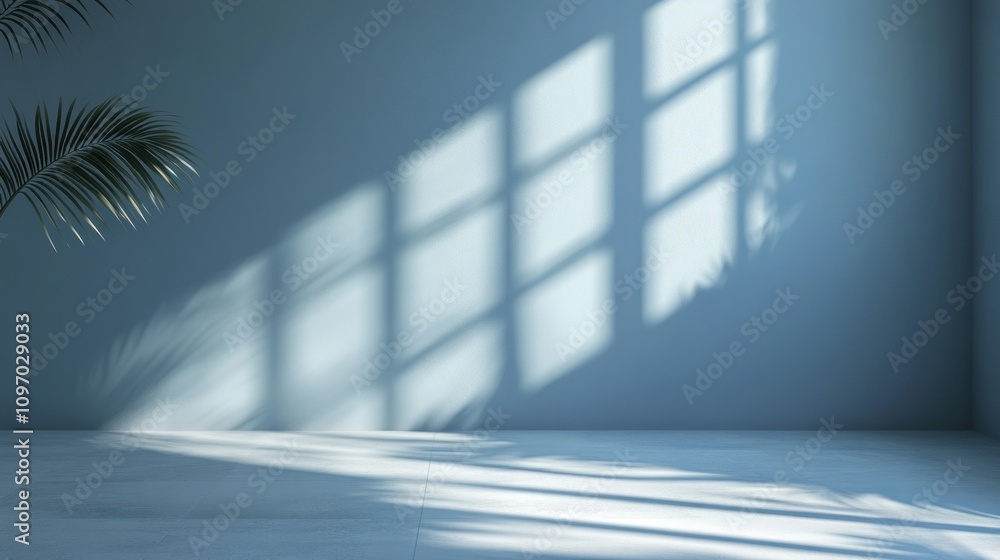 Obraz premium Minimalist Room Setting with Sunlight and Palm Leaf