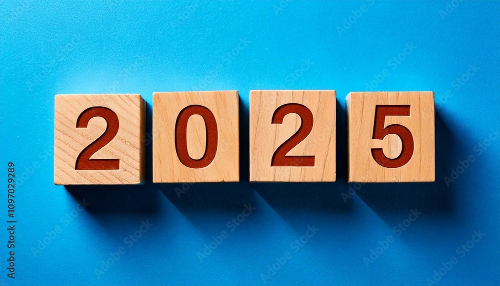 Wooden blocks arranged to form '2025' against a vibrant blue backdrop, in a 3D style Wooden blocks arranged to form '2025' against a vibrant blue backdrop, in a 3D style