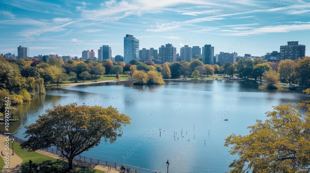 Obraz premium Breathtaking view of a vast lake and river framed by a vibrant city skyline under clear skies