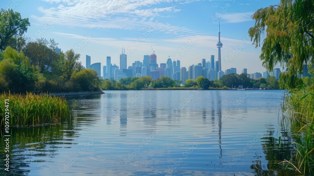 Obraz premium Stunning view of a river merging with a lake surrounded by a lively city skyline and clear sky