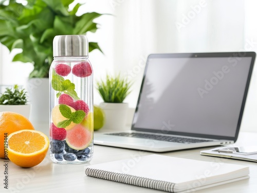 A clear bottle filled with infused water and slices of orange, kiwi, and strawberry, placed next to a laptop