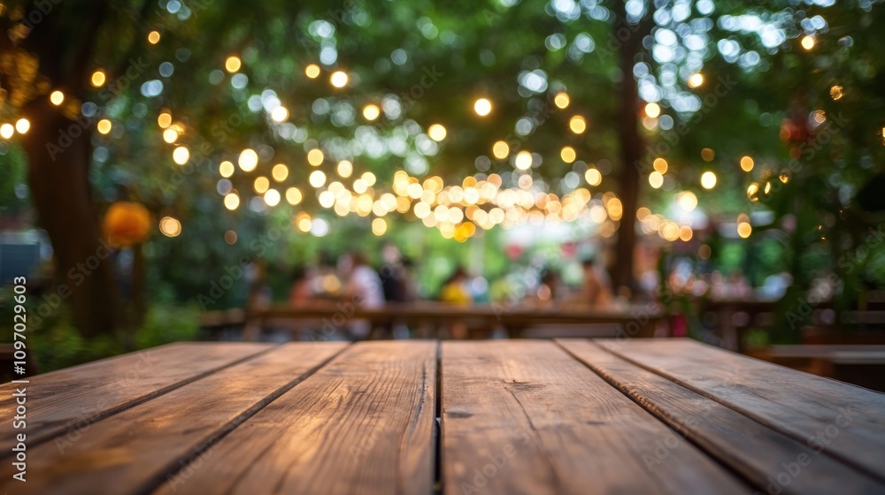 Wooden Table In A Festive Outdoor Setting Wooden Table In A Festive Outdoor Setting