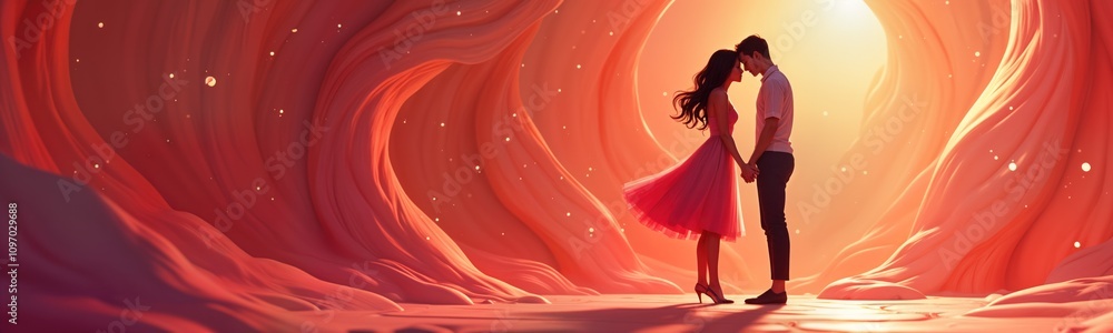 Futuristic romance couple. Man woman hold hands. Lovers stand in surreal landscape. Pink dress. Red digital environment. Virtual reality. Tech romance. Digital art. Couple in love. Modern romance. Futuristic romance couple. Man woman hold hands. Lovers stand in surreal landscape. Pink dress. Red digital environment. Virtual reality. Tech romance. Digital art. Couple in love. Modern romance.