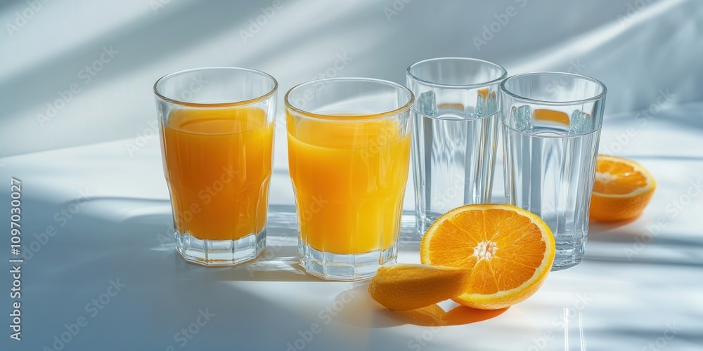Glasses of orange juice and water with orange slices Glasses of orange juice and water with orange slices