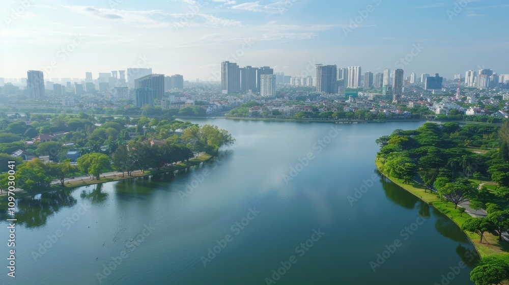 Naklejka premium Breathtaking view of a vast lake and river framing a gorgeous city skyline beneath a clear sky