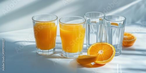 Glasses of orange juice and water with orange slices