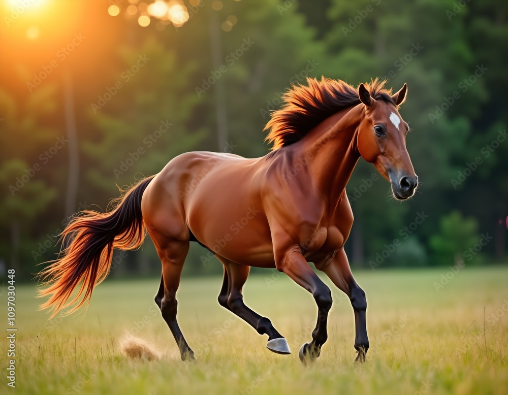 Brown horse runs fast across green field. Sunset light. Animal gallops. Equine power. Horseback riding. Majestic stallion. Beautiful nature. Summer evening. Rural landscape. Wild animal. Farm scene. Brown horse runs fast across green field. Sunset light. Animal gallops. Equine power. Horseback riding. Majestic stallion. Beautiful nature. Summer evening. Rural landscape. Wild animal. Farm scene.
