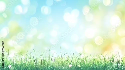 Green Grass Field With White Flowers and Bright Bokeh