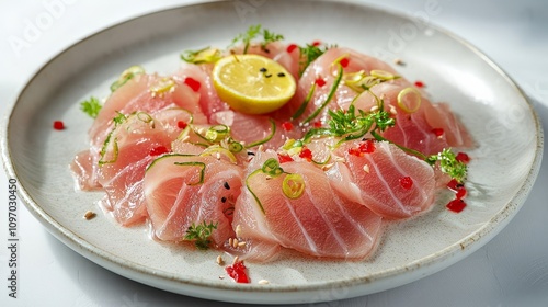 Low-Calorie Sashimi under studio lighting, focusing on fresh, low-calorie seafood slices served on a white plate with minimal garnishes