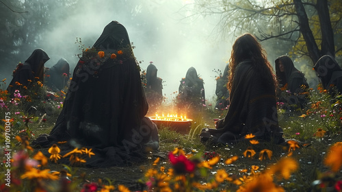 Generative AI. 
Celebrating the seasons with nature, a group of modern magicians and witches