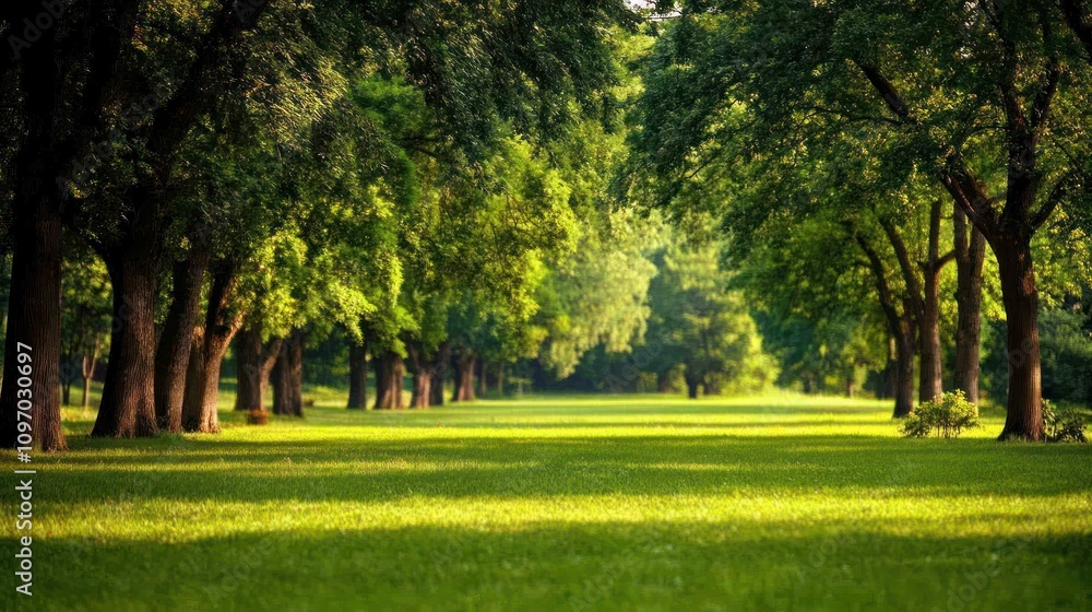 Obraz premium Sunlit Green Trees Line A Grassy Path