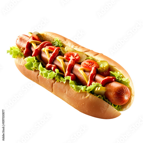 Delicious hot dog with ketchup and mustard on a white background photo