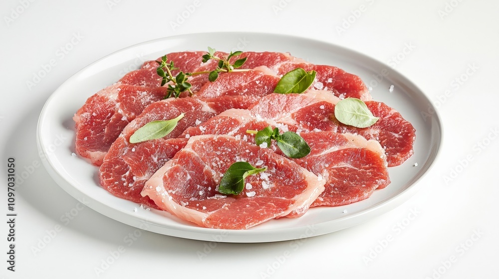 Lamb Carpaccio arranged on a white ceramic plate, illuminated by soft studio lighting to enhance the delicate lamb slices and sea salt Lamb Carpaccio arranged on a white ceramic plate, illuminated by soft studio lighting to enhance the delicate lamb slices and sea salt