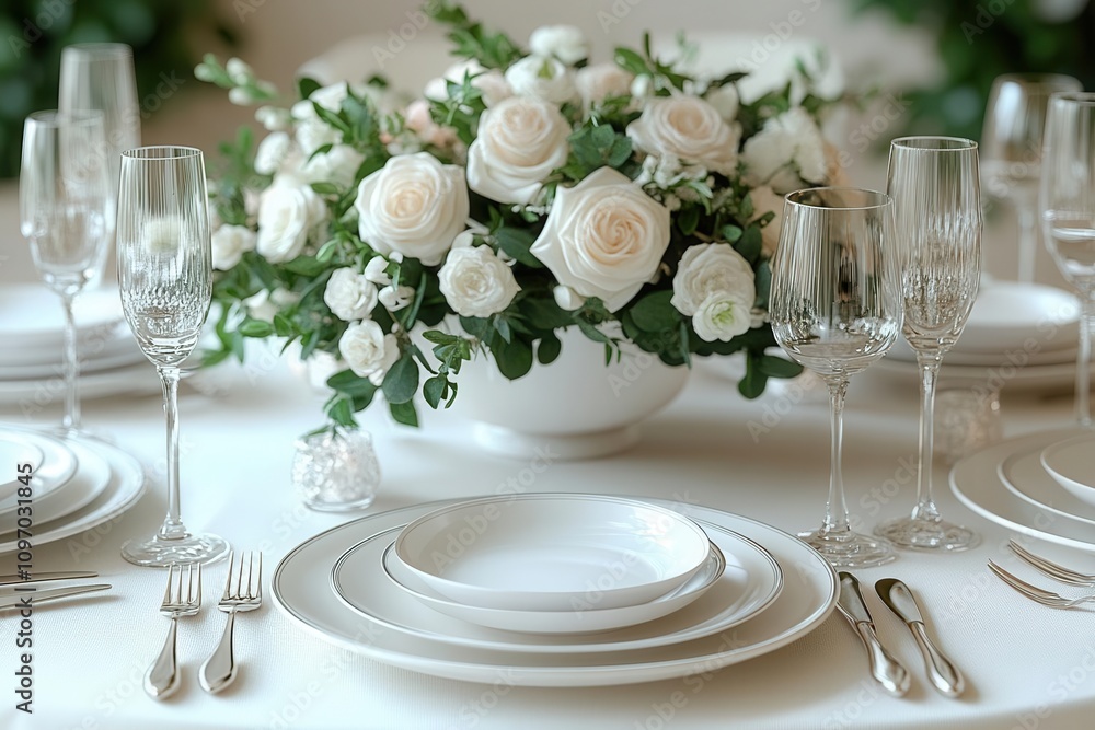 elegant dining table set adorned with fine cutlery and tasteful arrangements, showcasing luxury dining experience against a pristine white background elegant dining table set adorned with fine cutlery and tasteful arrangements, showcasing luxury dining experience against a pristine white background