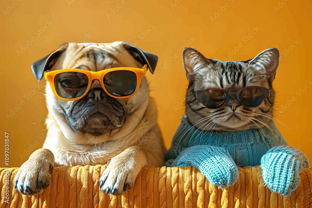 Funny Pug Dog and Cat Wearing Sunglasses in Toy Car Against Yellow Background Funny Pug Dog and Cat Wearing Sunglasses in Toy Car Against Yellow Background