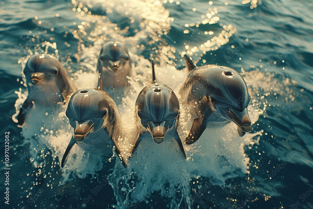 Naklejka premium Bottlenose Dolphins Jumping Out of Clear Blue Water on a Sunny Day