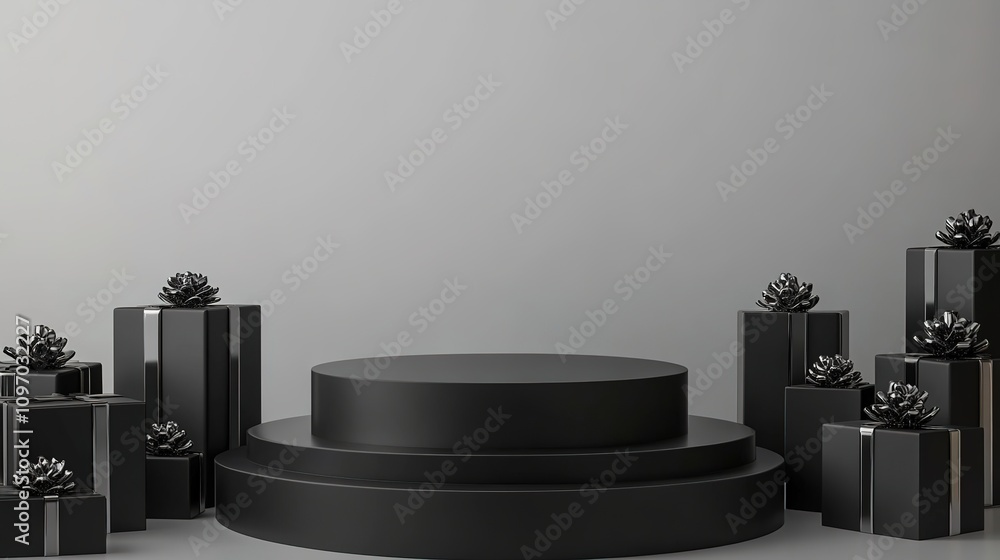 Minimalistic black podium with gift boxes and plants Minimalistic black podium with gift boxes and plants
