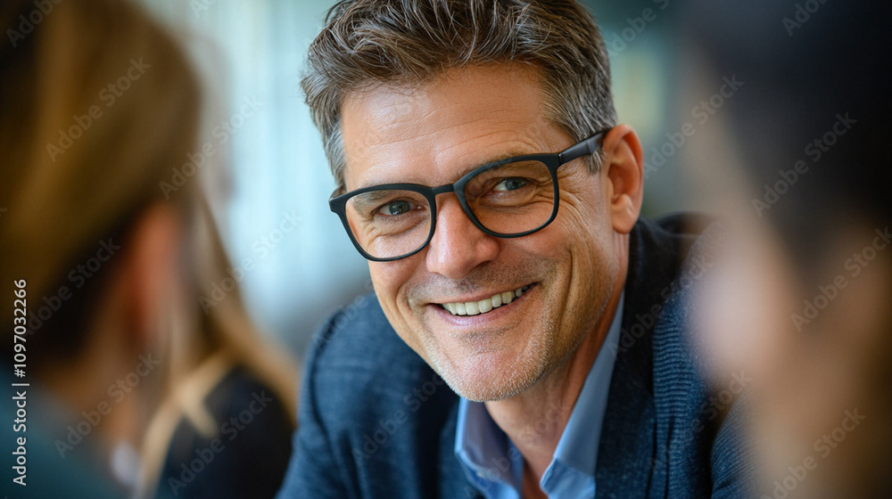 Close-up of an ambassador with a warm smile, addressing a small group in an informal meeting. Close-up of an ambassador with a warm smile, addressing a small group in an informal meeting.
