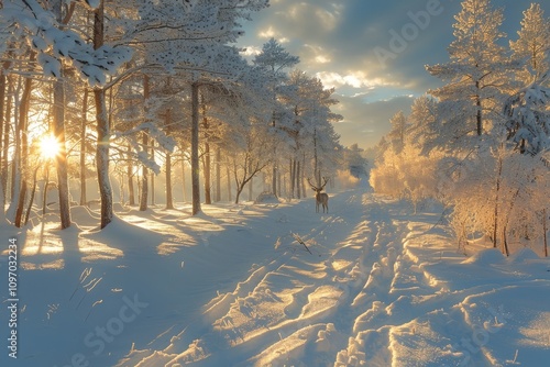 Winter Forest Landscape Covered in Frost with Snow-Covered Trees and Deer