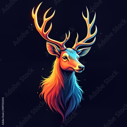 Abstract deer head graphic. Colorful cervid portrait. Vibrant digital artwork. Majestic animal design. Red orange wildlife image. Nature theme for print decor. Fashion textile pattern. Logo brand photo