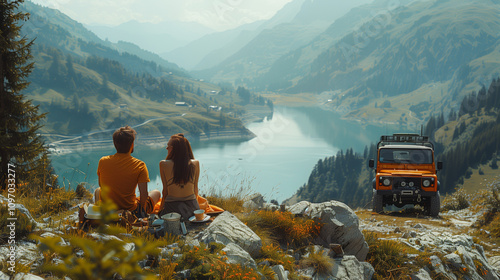 Generative AI. A family enjoying a picnic during a car trip, a happy family traveling to the mountains car trip