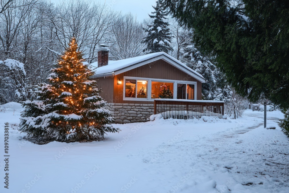 Snow Covered Cabin With Illuminated Christmas Tree Snow Covered Cabin With Illuminated Christmas Tree