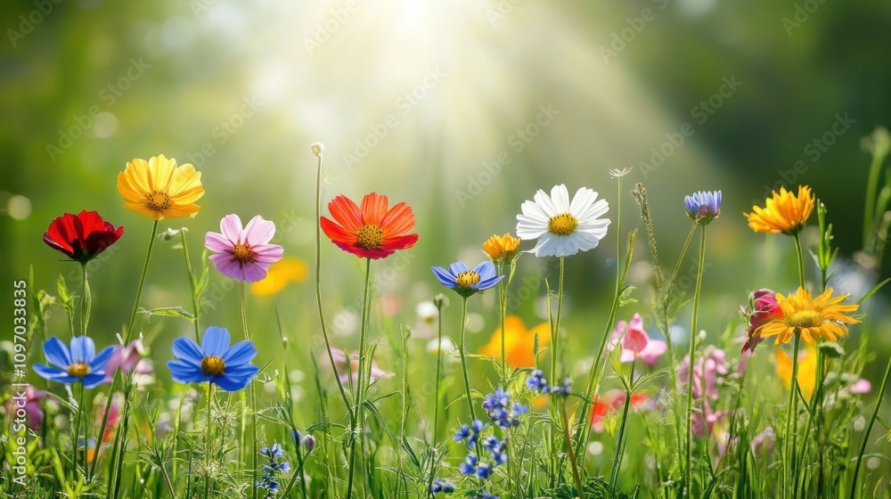 Colorful Wildflowers Blossom In Sunny Meadow Colorful Wildflowers Blossom In Sunny Meadow