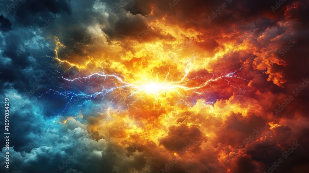 Fiery Clouds Clashing With Lightning Bolts In Dramatic Sky Fiery Clouds Clashing With Lightning Bolts In Dramatic Sky