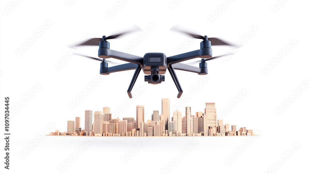 A drone with four propellers hovers in the air above a blurred cityscape, showcasing its potential for aerial photography, videography, and delivery services. A drone with four propellers hovers in the air above a blurred cityscape, showcasing its potential for aerial photography, videography, and delivery services.