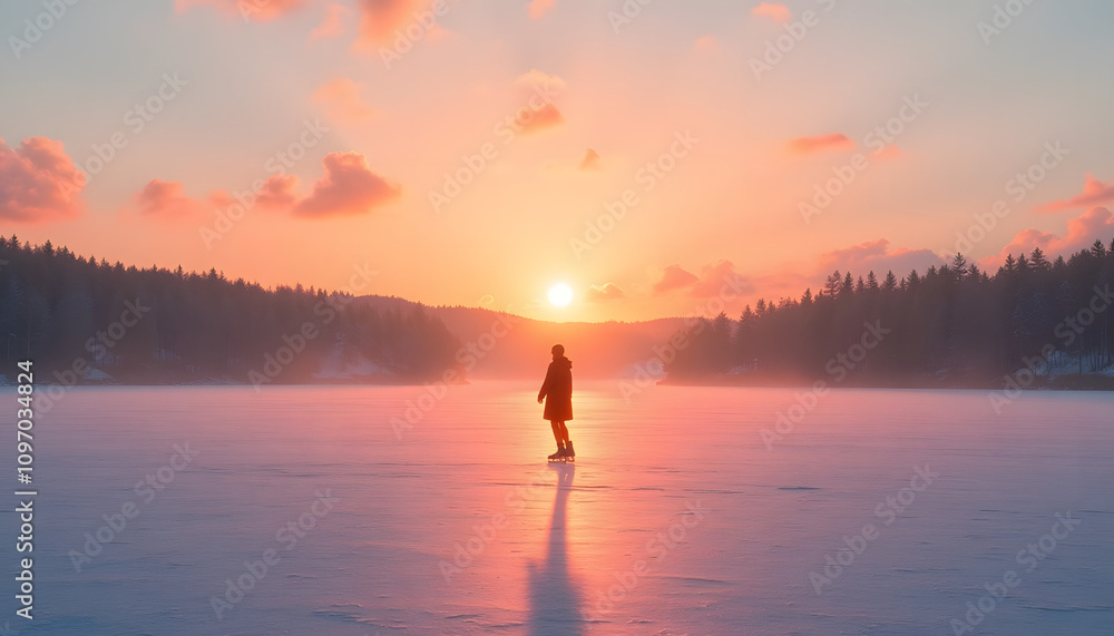 Fototapeta premium A lone figure skating on a frozen lake at sunset, casting long shadows with orange and pink sky