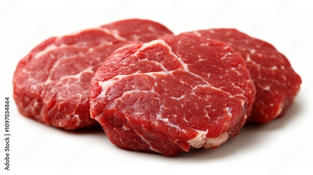 Three raw beef patties ready for cooking or grilling. Three raw beef patties ready for cooking or grilling.