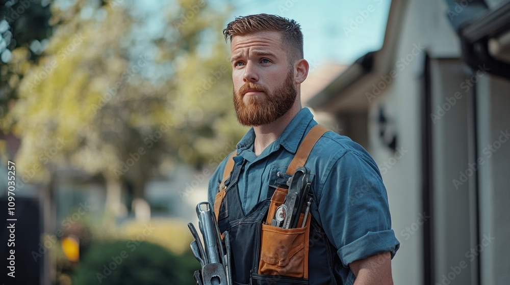 A bearded man in work attire stands outdoors, equipped with tools and a focused expression. A bearded man in work attire stands outdoors, equipped with tools and a focused expression.