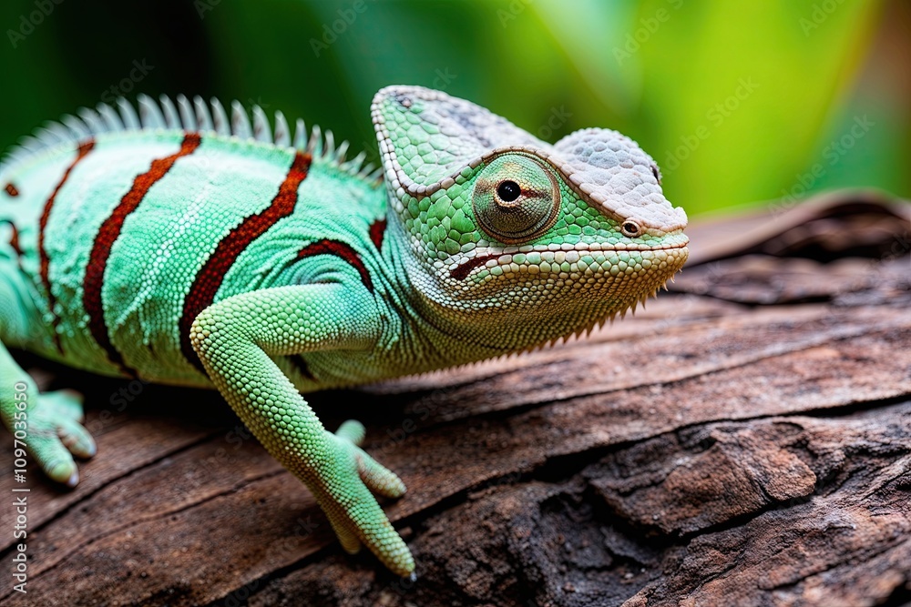 Fototapeta premium Close-Up Portrait of Leaf Green Chameleon Highlighting Wildlife Attributes