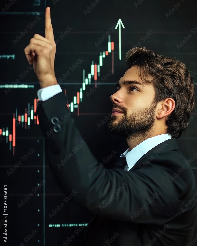 Confident male financial analyst pointing at a rising stock market graph. Confident male financial analyst pointing at a rising stock market graph.
