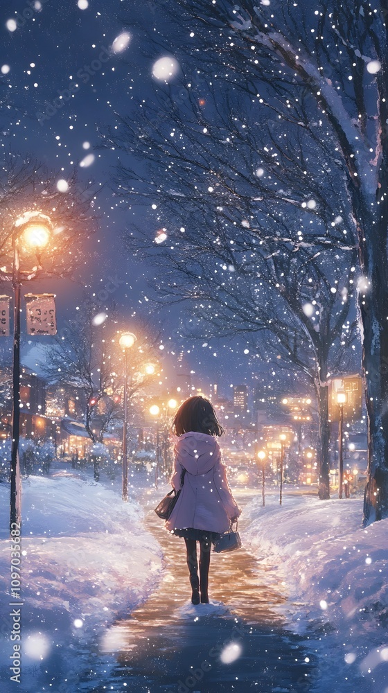 A girl in a pink coat walks through a snowy night, illuminated by street lamps. A girl in a pink coat walks through a snowy night, illuminated by street lamps.