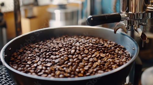 Roasted Coffee Beans Filling A Metal Bowl photo