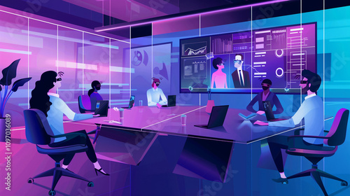 Generative AI. High-tech meeting room with virtual collaboration tools