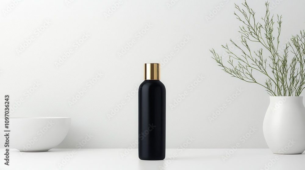 Elegant black bottle with gold cap on a minimalist white background, surrounded by simple decorative elements for modern lifestyle photography. Elegant black bottle with gold cap on a minimalist white background, surrounded by simple decorative elements for modern lifestyle photography.
