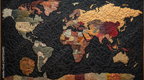 World Map Quilt Handmade Fabric Patchwork Global Textile Art photo