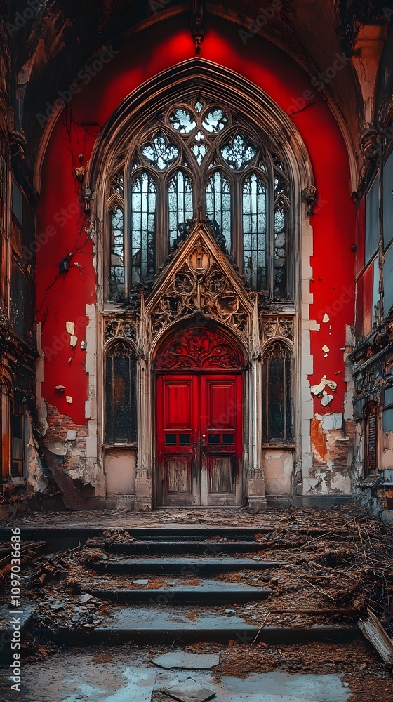 Fototapeta premium A striking red door in a decaying gothic church interior.