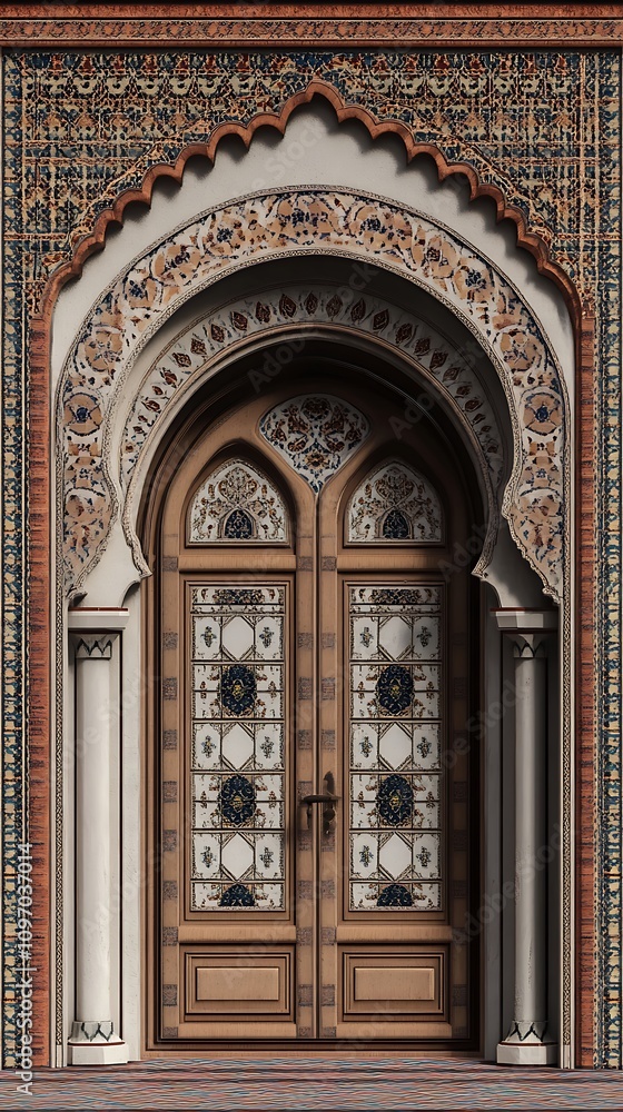 Fototapeta premium Symmetrical moroccan tiles and elegant wooden doors design photos