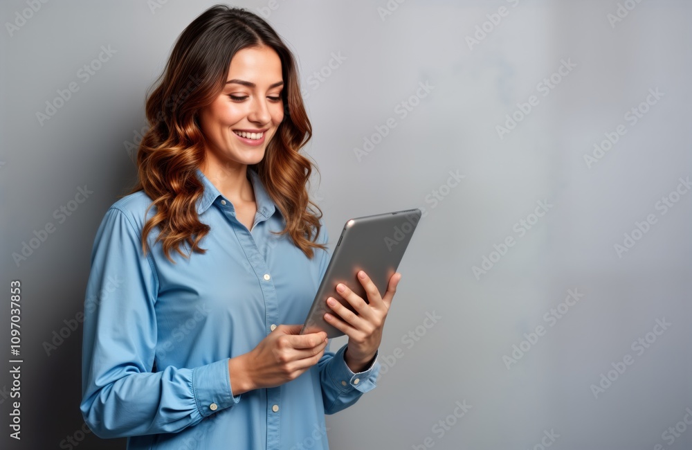 Happy young woman uses tablet. Girl in blue shirt smiles. Modern tech. Casual style. Grey background. Wireless device. Happy woman browses online. Student uses tablet. Cheerful. Positive mood. Happy young woman uses tablet. Girl in blue shirt smiles. Modern tech. Casual style. Grey background. Wireless device. Happy woman browses online. Student uses tablet. Cheerful. Positive mood.