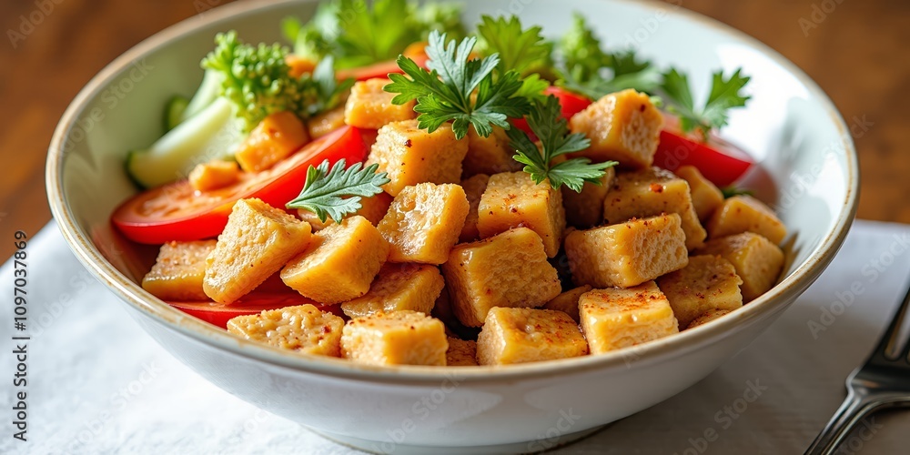 Colorful tofu stir-fry with vegetables in white bowl Colorful tofu stir-fry with vegetables in white bowl