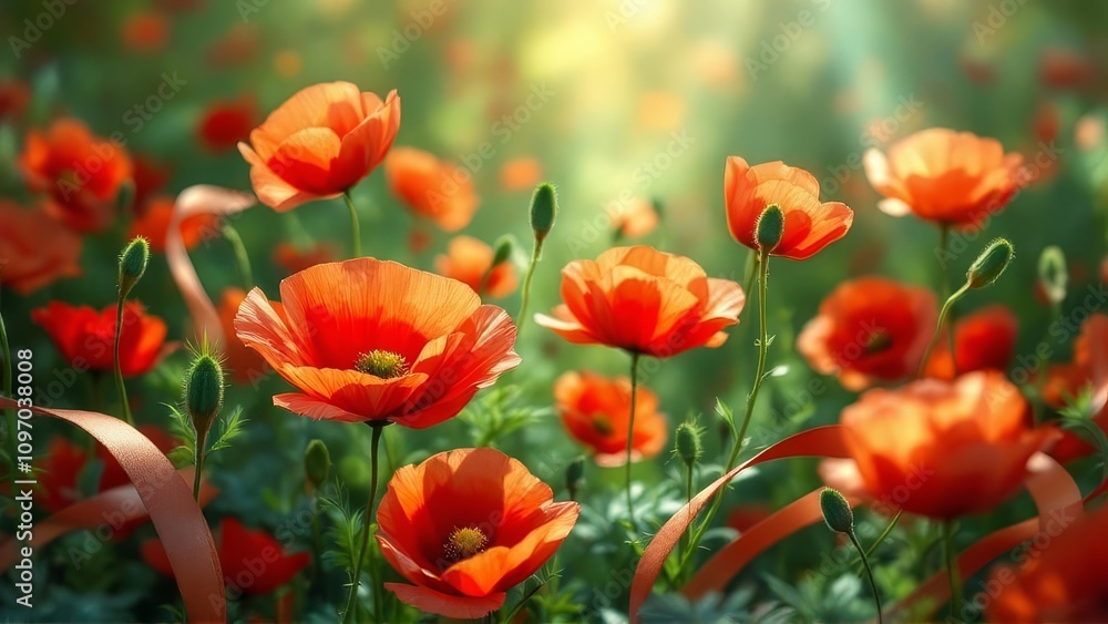 Obraz premium Anzac Day poppies, long exposure, ribbon banner, AI art.