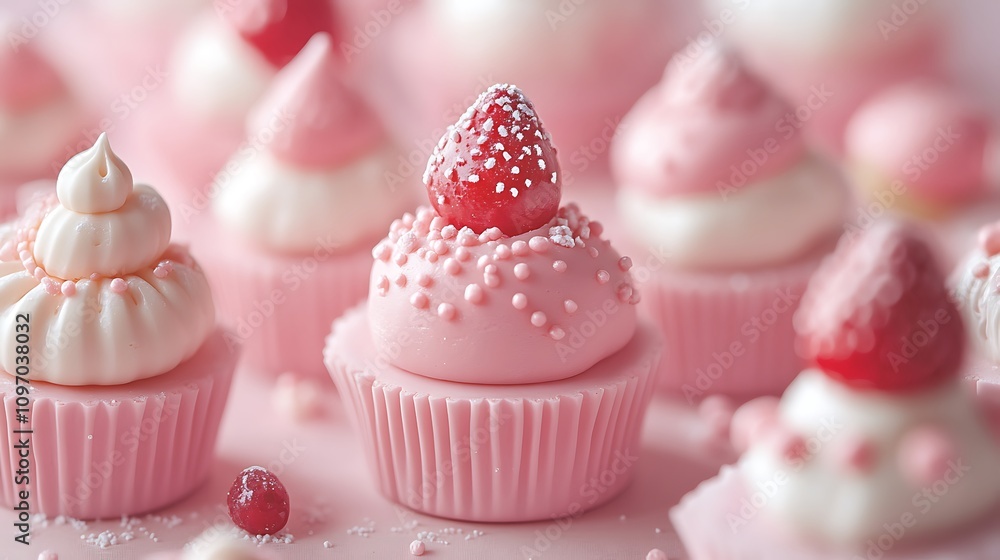 Close-up of pink and white cupcakes decorated with strawberries and sprinkles. A delightful dessert! Close-up of pink and white cupcakes decorated with strawberries and sprinkles. A delightful dessert!