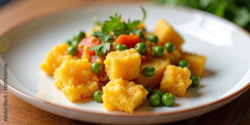 Colorful vegetarian dish with polenta cubes and green peas Colorful vegetarian dish with polenta cubes and green peas