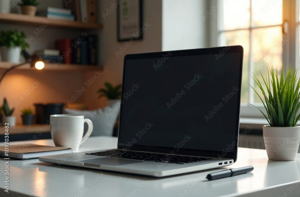 Modern Laptop with Blank Screen in Office Setting for Customization or Branding Display, Surrounded by Minimalist Work Desk Elements in a home Atmosphere Modern Laptop with Blank Screen in Office Setting for Customization or Branding Display, Surrounded by Minimalist Work Desk Elements in a home Atmosphere