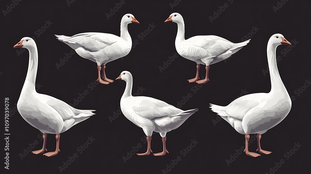 Obraz premium Five graceful white geese are captured in a studio shot against a dark background. Their sleek feathers and elegant posture create a visually striking image.